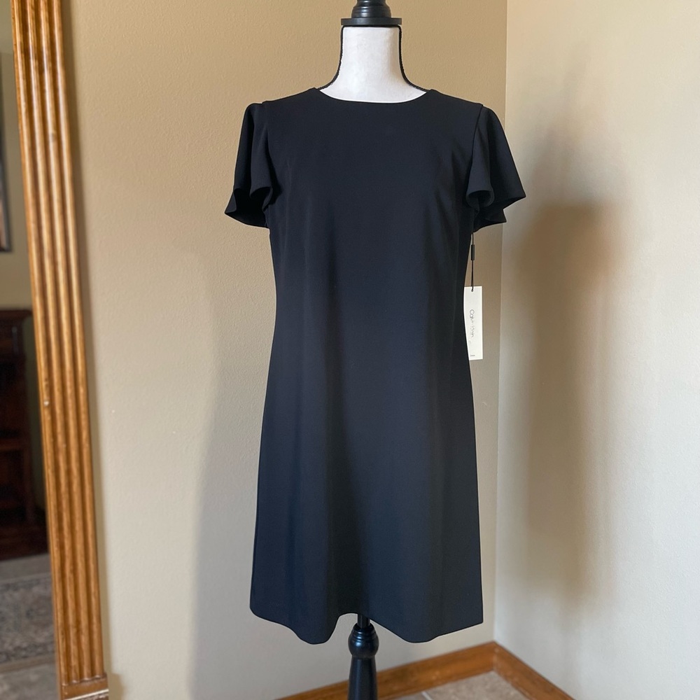 Calvin Klein Simple Black Dress with Cap Sleeves and Gold Zipper on Back
